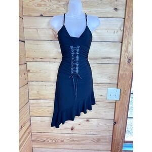 Clovis Vintage Black Corset Lace Up Asymmetrical Ruffle Goth Alt Dress Medium